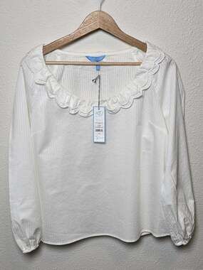 Draper James Reyna Long Sleeve Top Womens L White Ruffle Stripe NWT $118